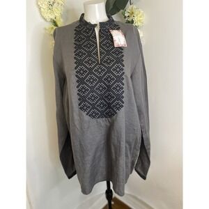 Vyshyvanka Men‎ Women Ukrainian Embroidery Embroidered Tunic 17.5 Gray Linen NWT